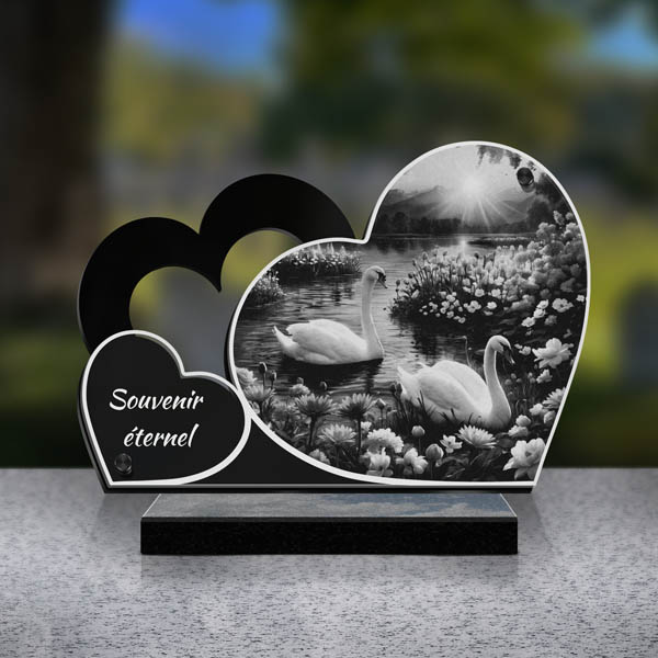 plaque funéraire double cœur cygne