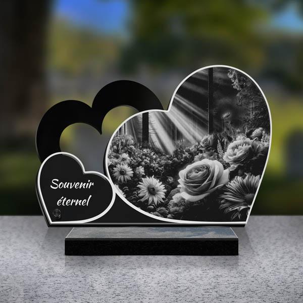 plaque funéraire double cœur fleurs