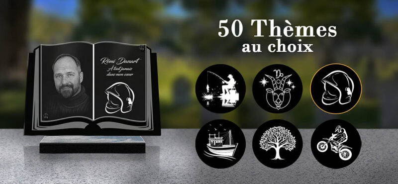 Plaque funéraire livre à thèmes avec picto